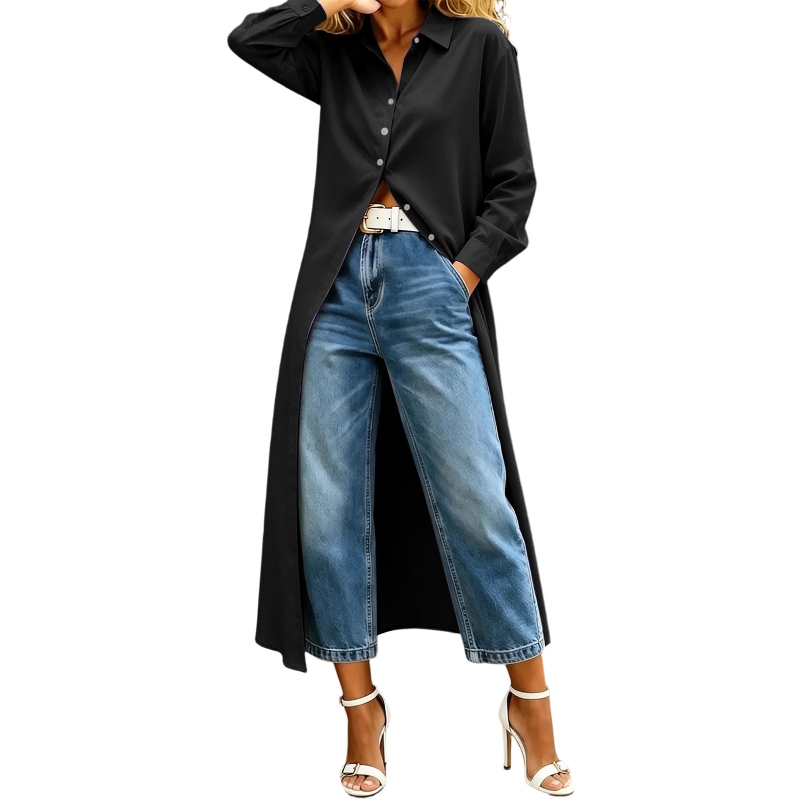 Camicia da Donna Casual a Tinta Unita a Maniche Lunghe con Orlo Lungo 2026