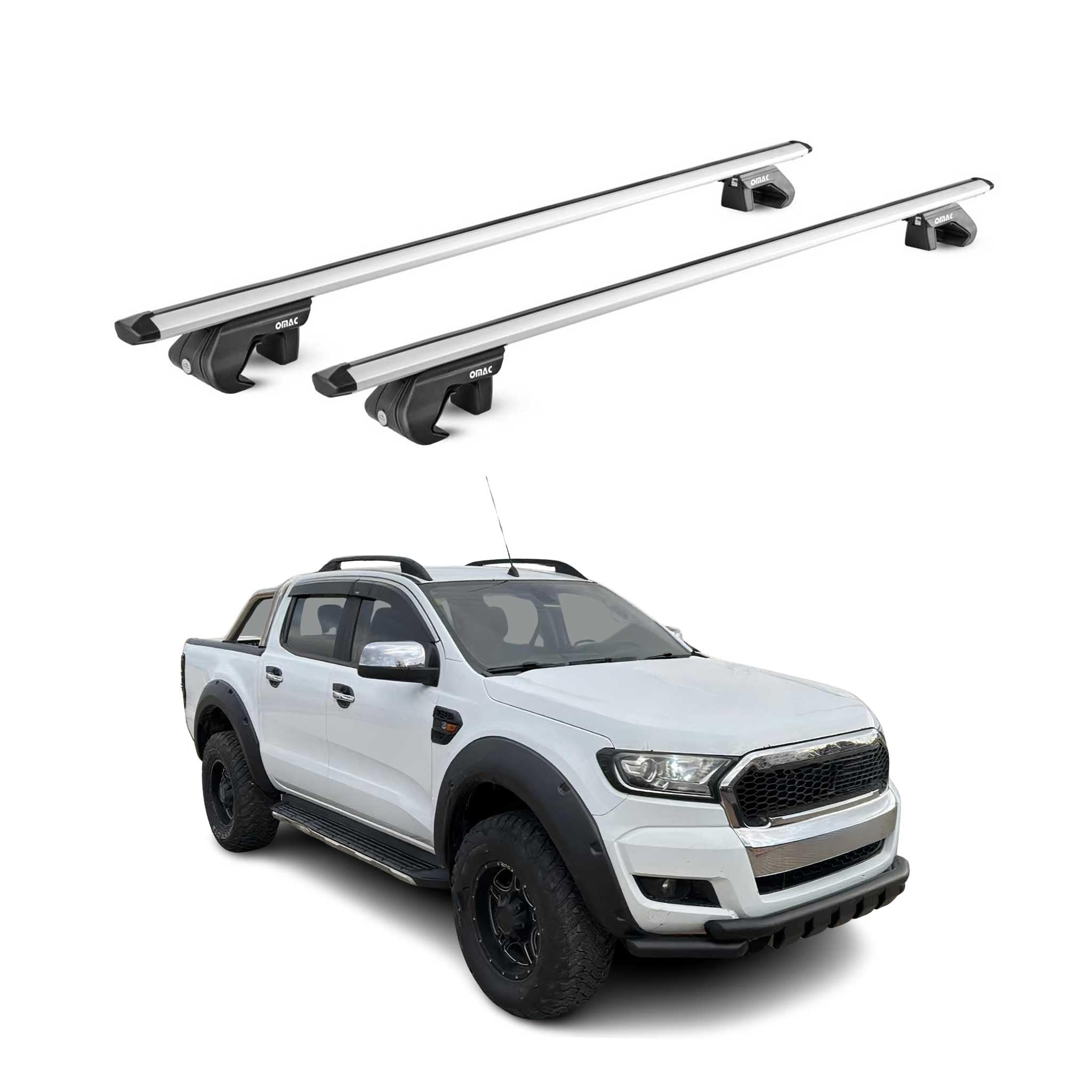 OMAC Barres de Toit Aluminium certifiées TÜV pour Ford Ranger T6 2011-2026 – pour Rails de Toit Standards – Rainure en T – Charge Max 90 kg – 2 antivols Argent
