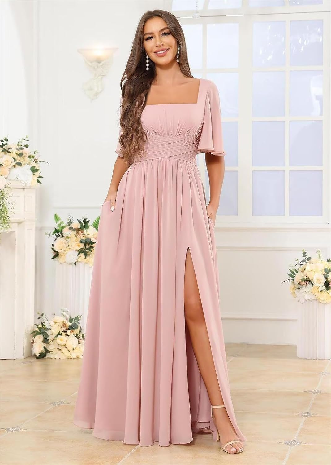 Square Neck Bridesmaid Dresses with Slit Chiffon Flutter Sleeve Long Formal Wedding Guest Dress with Pockets - Image 2
