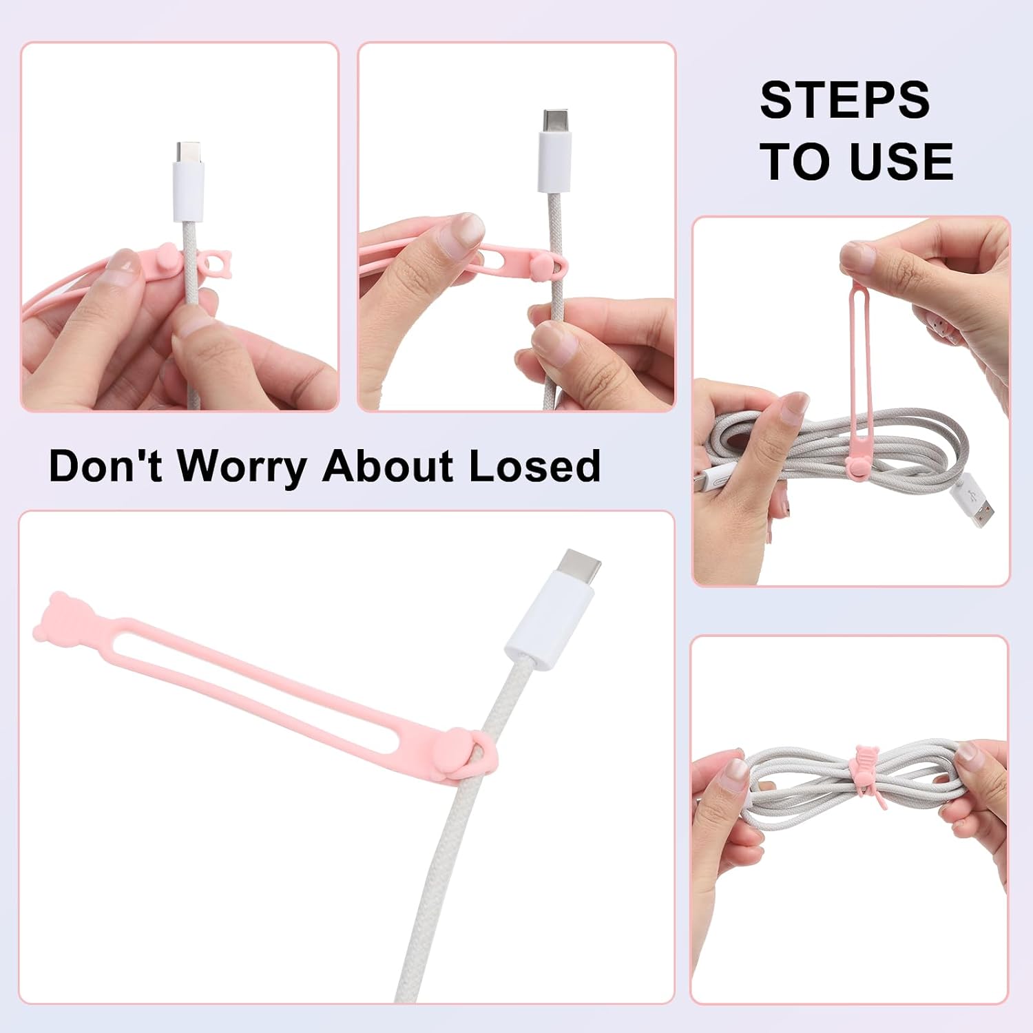 24Pcs Silicone Cable Ties，Reusable Cable Management Organizer for Bundling Earphone、Phone Charger、Computer Cords Multipurpose Elastic Cord suitable for Home,Office,Travel (Purple-pink)