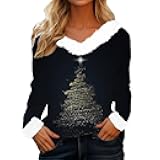 Ugly Christmas Sweatshirts for Women White Faux Fur Trim V Neck Shirt Dressy Funny Xmas Tree Snowflake Graphic Tops