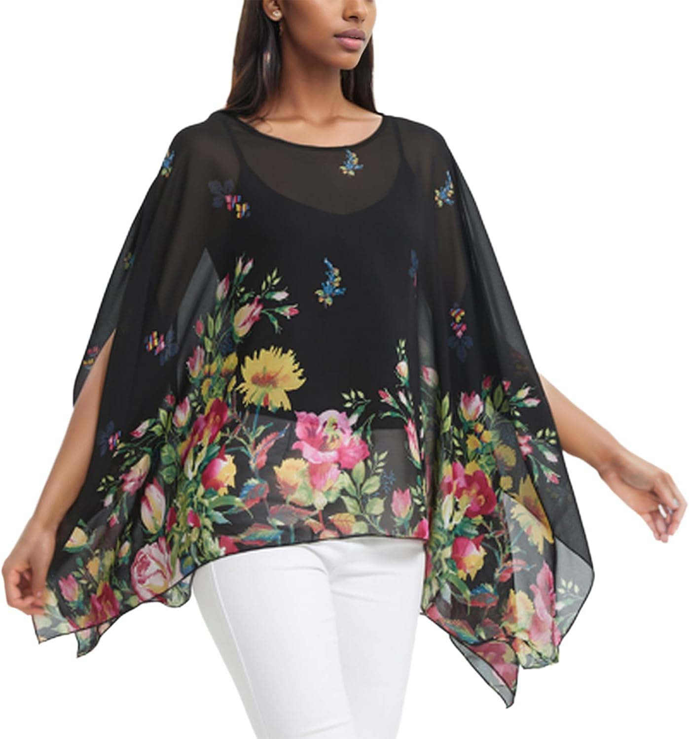 Max Hsuan Women's Loose Solid Sheer Chiffon Caftan Poncho Batwing Tunic Top Blouse Summer Oversized Shirts