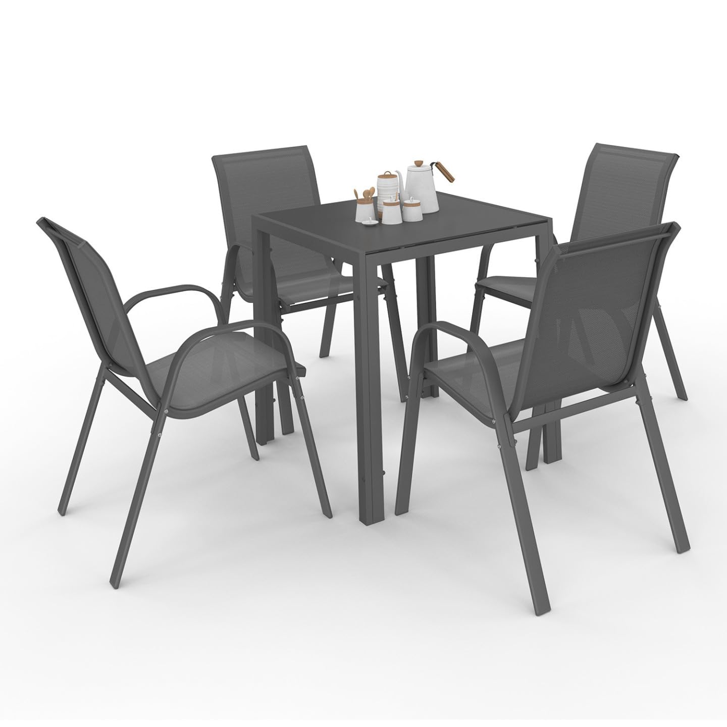 IDMarket – Salón de jardín Madrid Mesa 70 x 70 cm y 4 sillas apilables gris antracita