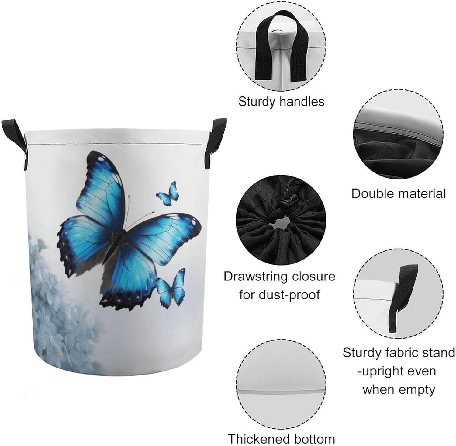 Blue Butterfly Laundry Bag Large Collapsible Laundry Baskets Freestanding Waterproof Clothes Hamper with Handles & Drawstring for Laundry Room Bedroom Bathroom
