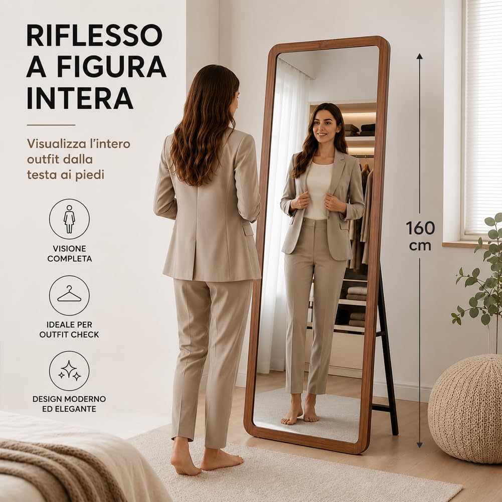 Shally Dogan Specchio Figura Intera Doppia Installazione da Parete o Indipendente, Specchi Design Moderno da Terra o da Muro, Ideale per Camera da Letto, Ingresso, 160 x 50 cm