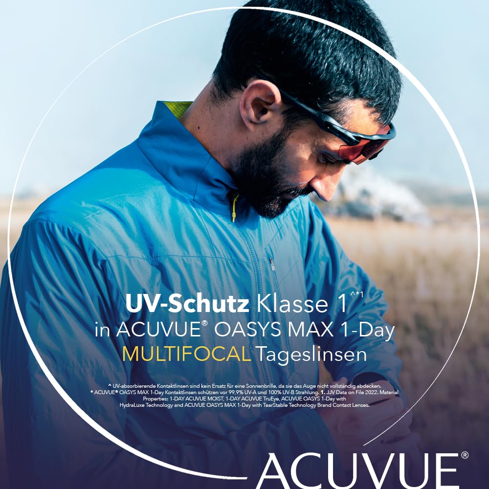 ACUVUE OASYS MAX 1-Day MULTIFOCAL Tageskontaktlinsen – 90 Gleitsichtlinsen für den Nah-, Zwischen- und Fernbereich – Tageskontaktlinsen mit +1.25 dpt und BC 8.4 – UV Schutz & angenehmes Tragegefühl