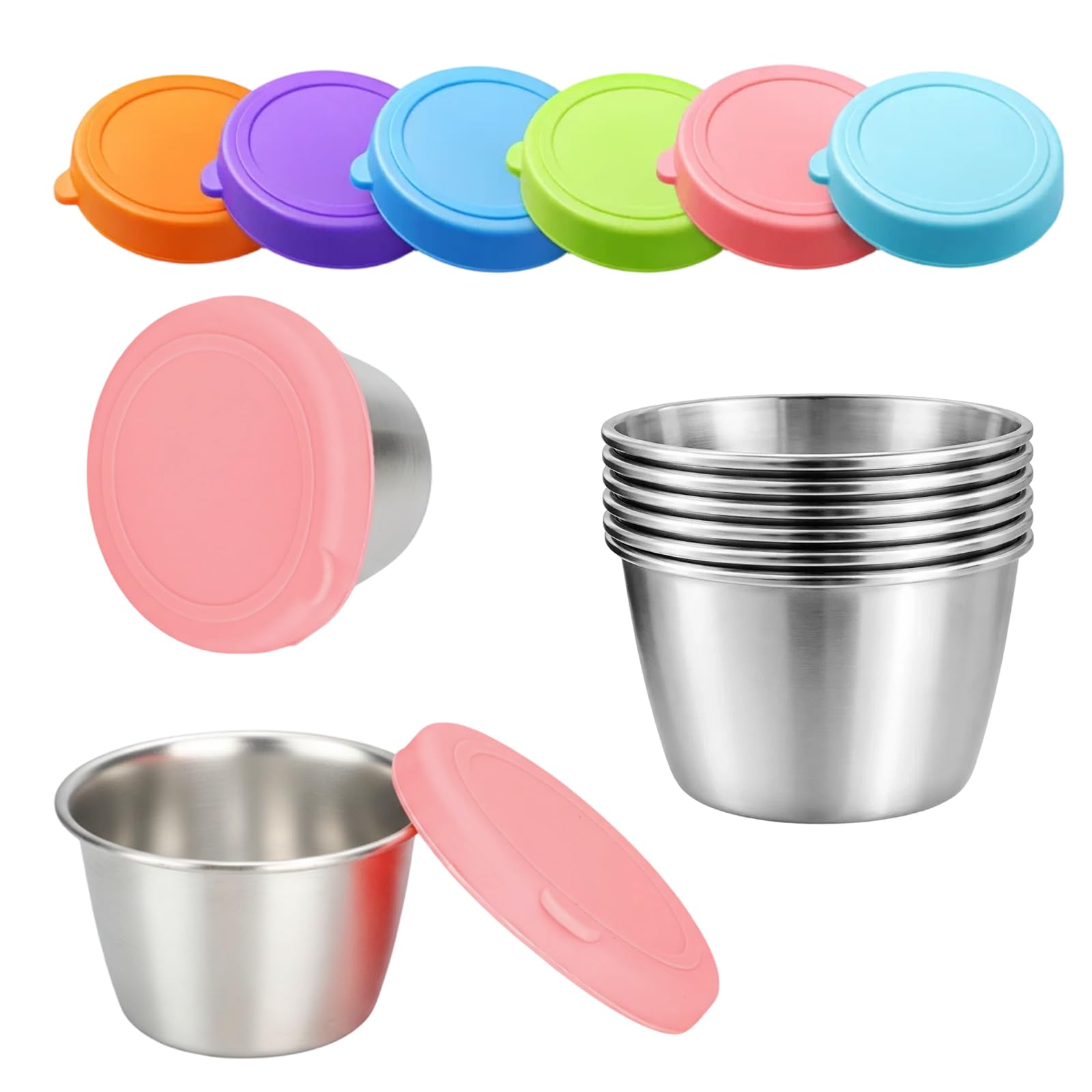 Mlifleue 6PCS Stainless Steel Sauce Dip Bowls with Lids, Condiment Pots, Small Sauce Pots, Stainless Steel Snack Potss for Sauces, Dips, Ice Cream, Snack, 40ML