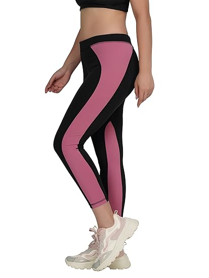 Neu Look Women Slim Fit High Waist Gym Workout Tights with 4 Ways Stretchable Scoot Proof Color Block Yoga Leggings (Black Blush, Large)