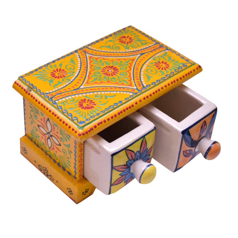 HC THE CRAFTS Hand Decorated Painting Handmade Wooden and Ceramic Drawers Small Chest Jewellery (Orange) (Yellow Color) 1