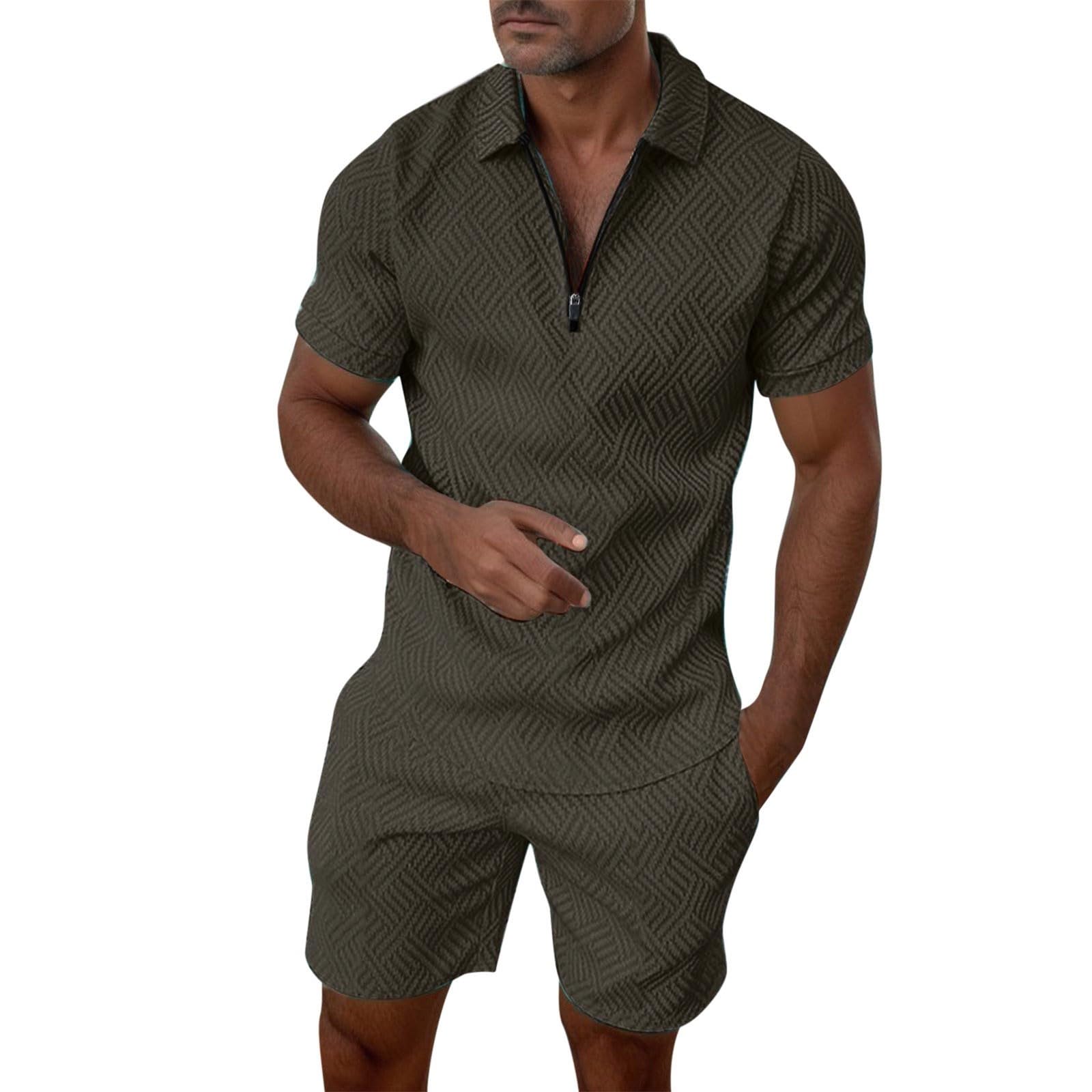 Trainingsanzug Herren 2 Teiler Sommer Outfit Leicht Jogginganzug mit Polo Hemd und Shorts Set Einfarbig Freizeitanzug Atmungsaktiv Bequem Hausanzug Dünn Sportanzug Fitnessanzug Activewear Streetwear