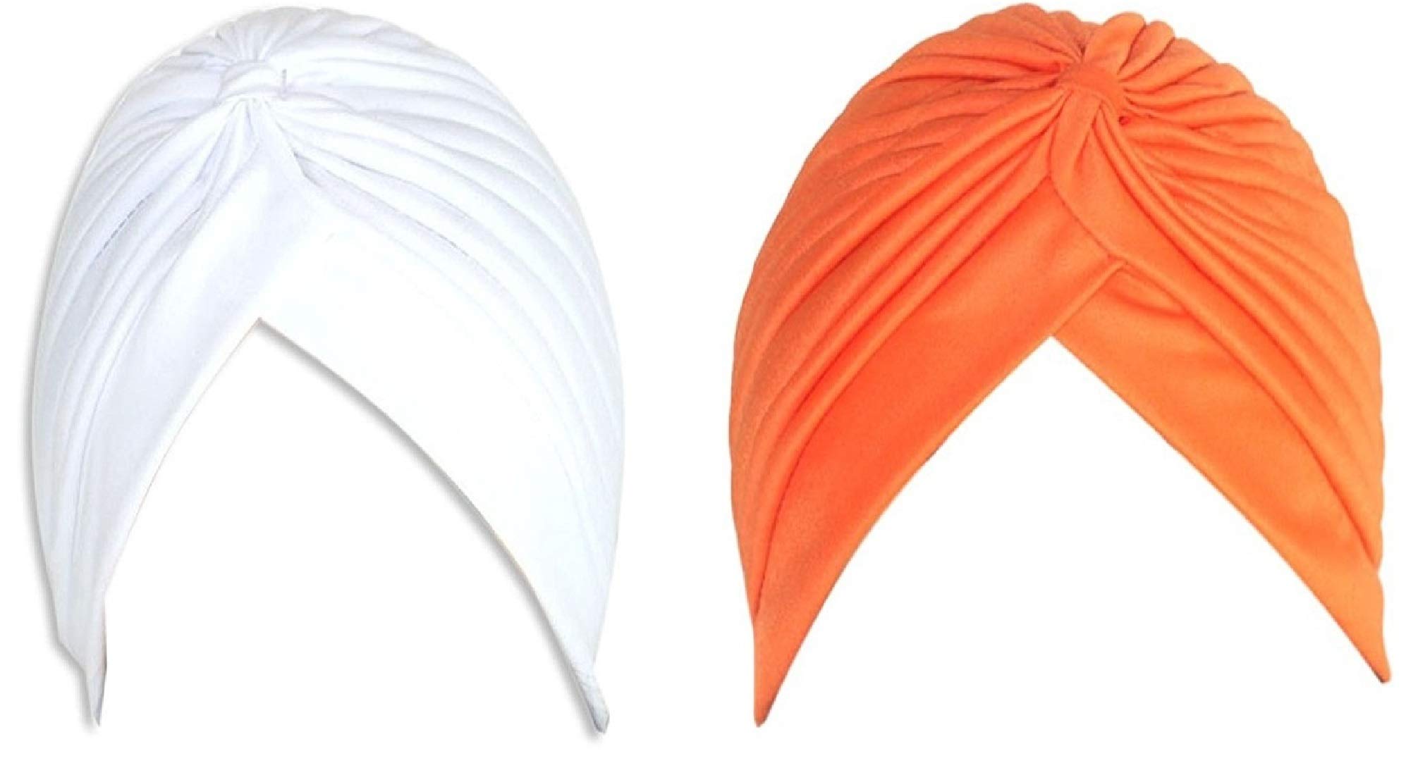 BISMAADH 2 Pcs Men & Women Pleated Head Wrap Knit Bonnet Turban/Pleated Stretchable Polyester Pagri Head Cover/Sun Cap (Orange & White)