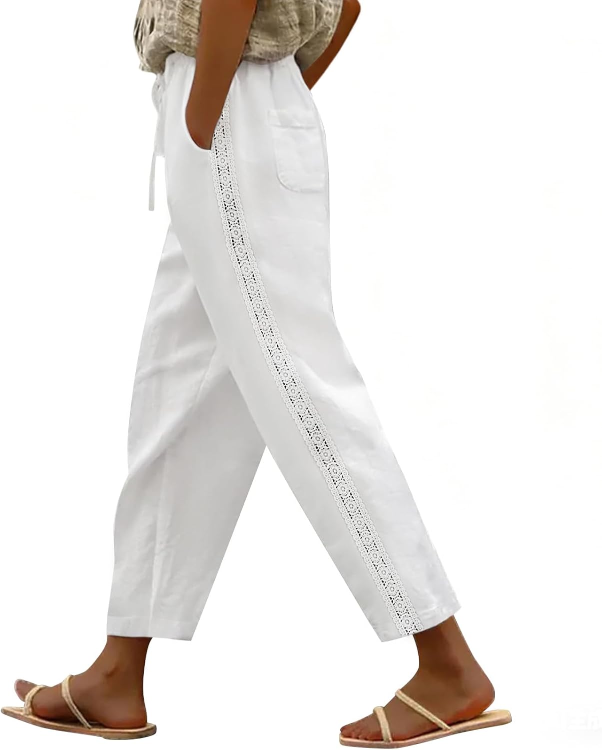 Puimentiua Linen Pants Women Breathable Drawstring Elastic Waist Capri Pants with Lace Side Summer Casual Beach Trousers