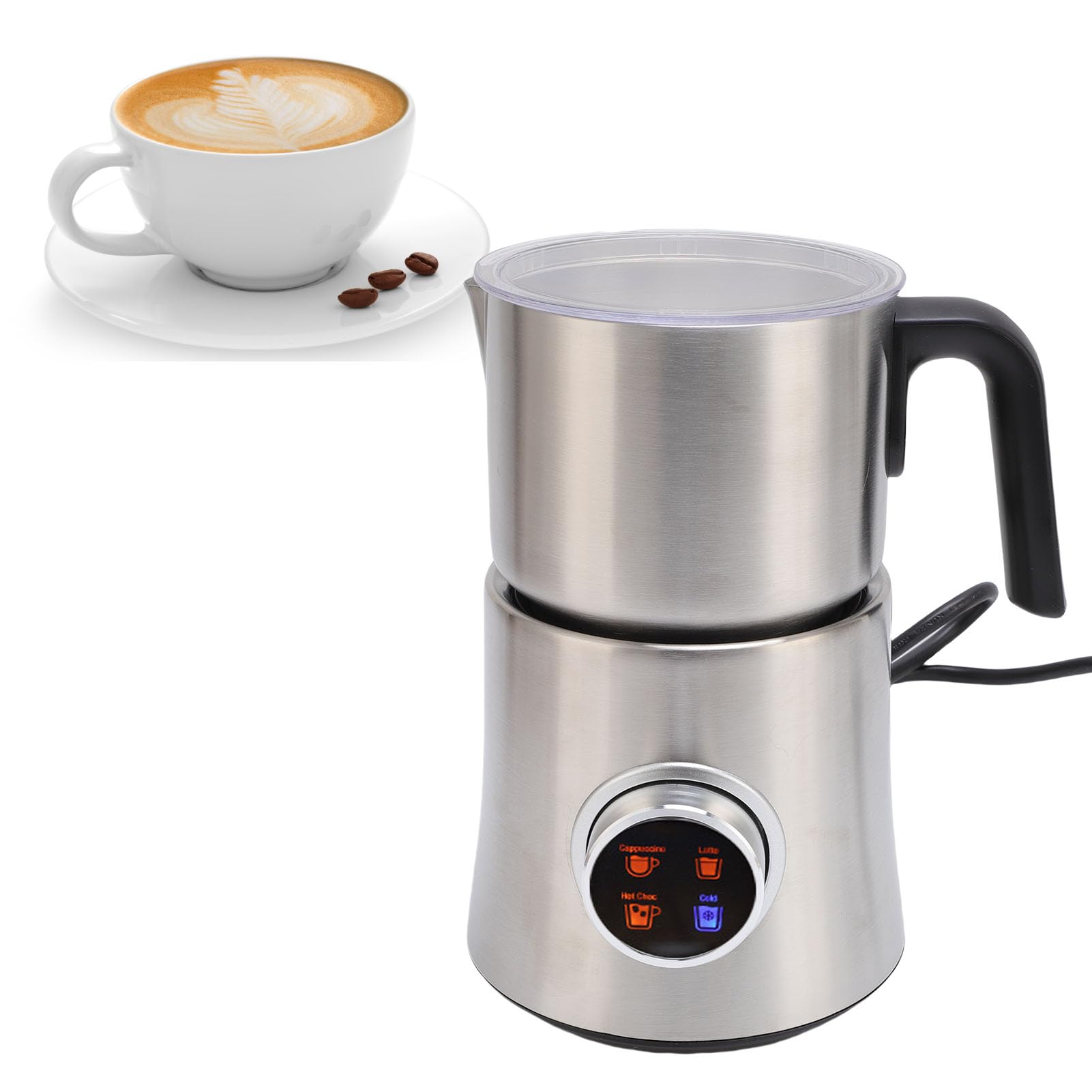 Pssopp 4 en 1 Batidor de Leche, 900ml Desmontable Acero Inoxidable Leche Calentador Jarra para café Latte Cappuccino Chocolate Caliente (EU enchufe 220-240V)