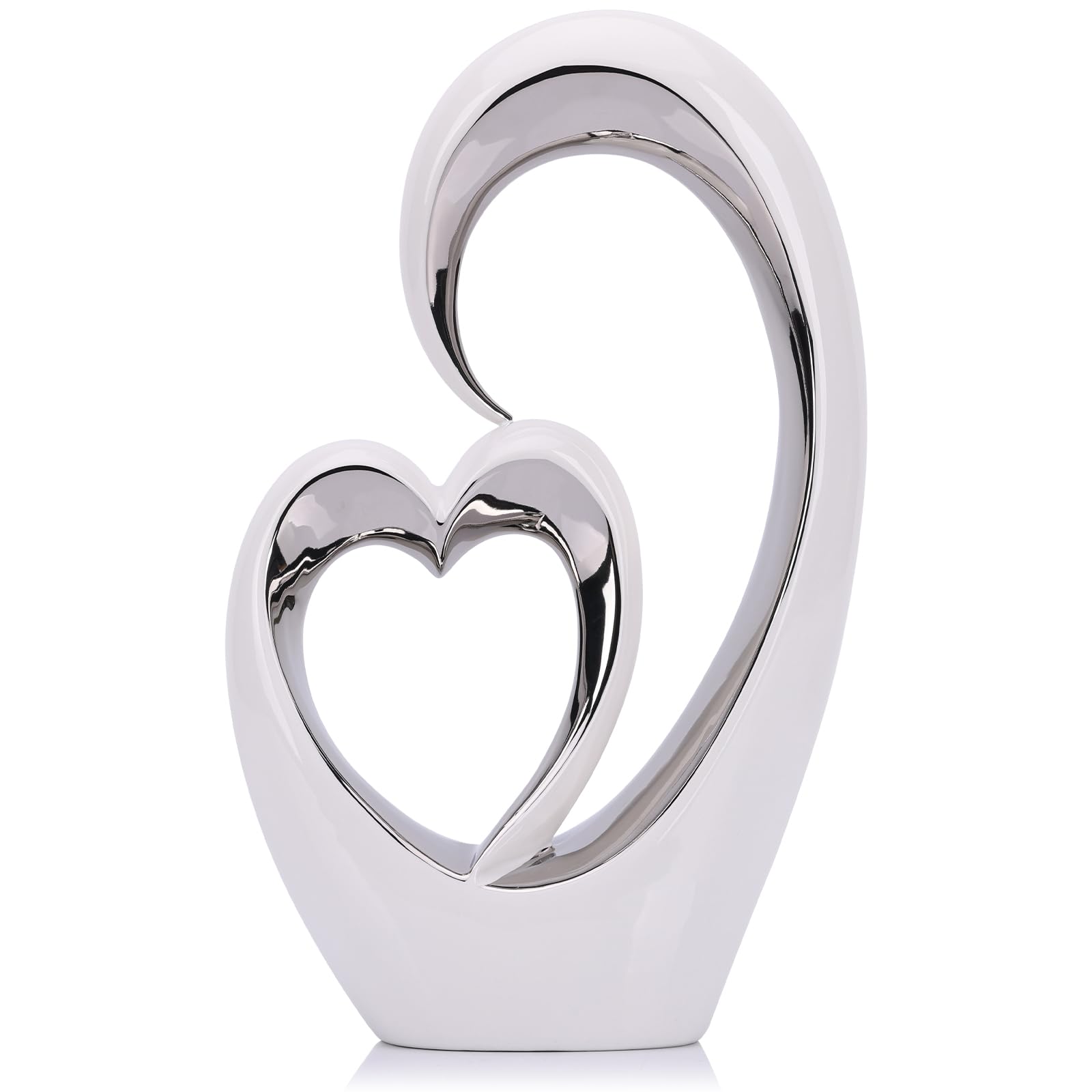 LCCCK Decoración de corazón de cerámica, estatua de amor, escultura de corazón blanco y plateado, decoración de pareja para dormitorio, centros de mesa románticos de boda, ideal para caseta de amor,