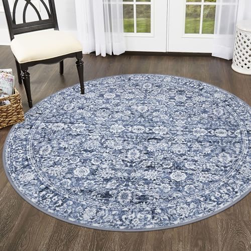 Blue 5' Round Rug Washable Rug for Entryway Soft Non-Slip Area Rugs Distressed Floral Low-Pile Carpet, Neutral Vintage Circle Rugs for Living Room Dining Bedroom Foyer