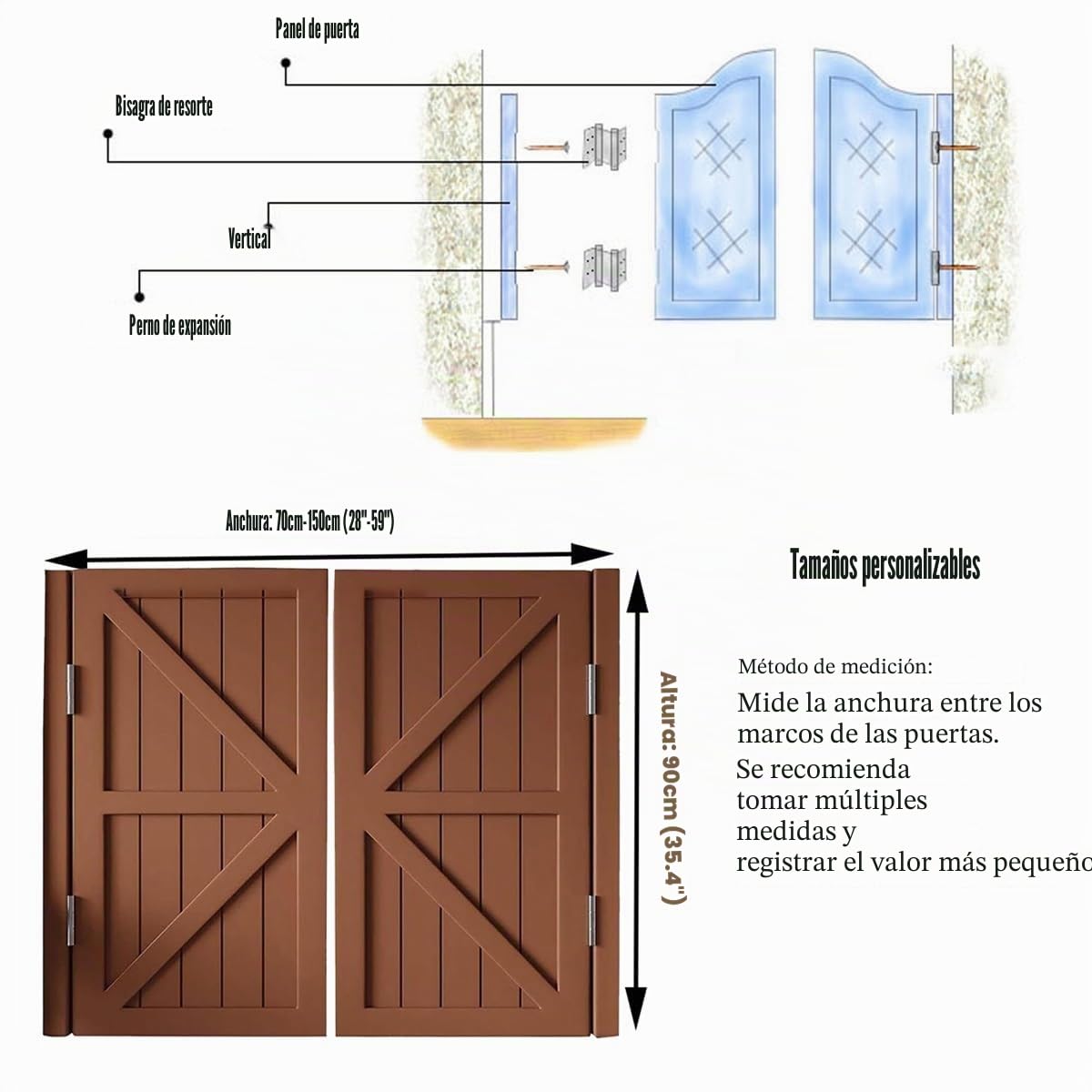 Puerta Batiente 2 Hojas Puertas de Media Cintura de Madera Cierre Automático, Puerta Abatible de Café W70-150cm Personalizable