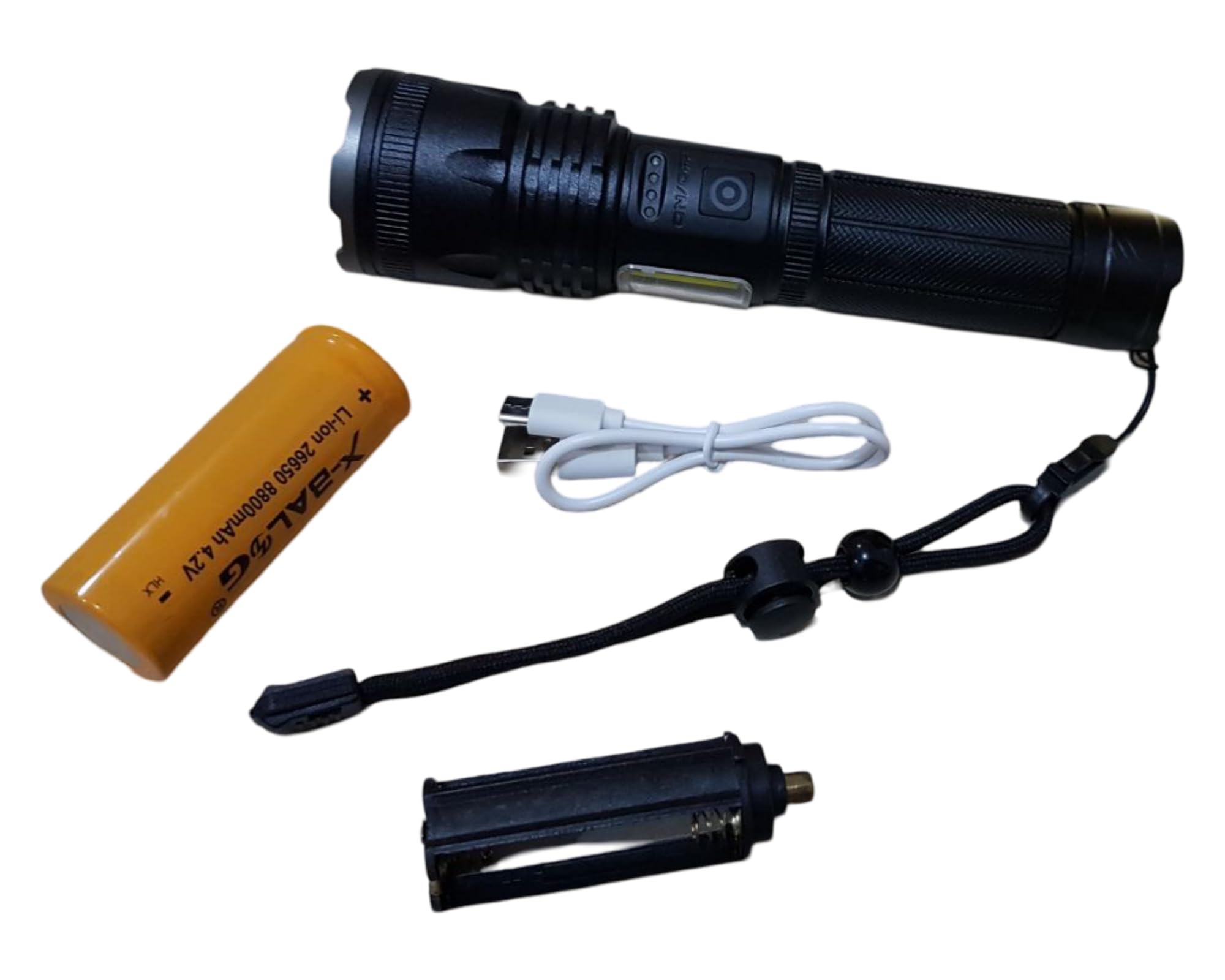 كشاف يدوي مع مصباح جانبي من X-BALOG 3000M عالي السطوع بعدة درجات سطوع وتشغيل اطول للبطارية يعمل ببطاريات 18650 او 26650 القابلة لاعادة الشحن او البطاريات القلوية العادية