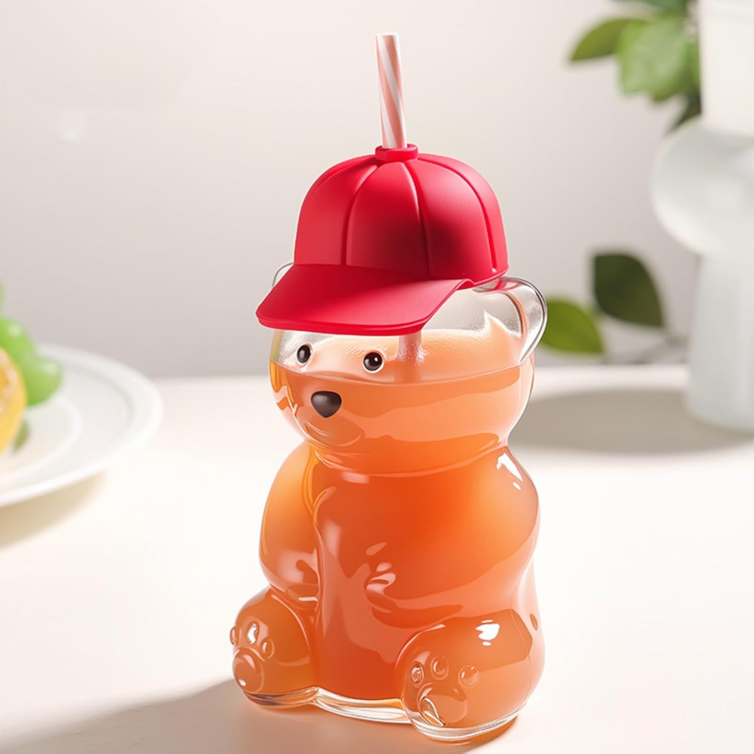 Bear Straw Cup 20oz Cute Bear Glass Tumbler Mug with Reusable Straw and Baseball Cap Lid Mugs Bear Cups Coffee Beer Wine Cocktail Drinks Glassware for Smoothies Boba Iced Coffee Milk Tea (Green)