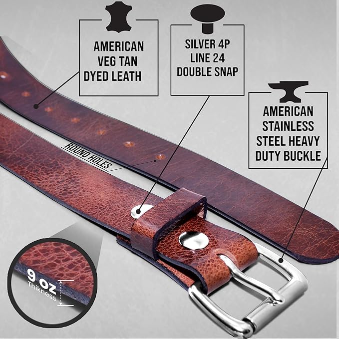 Mens Belts Leather Veg Oil Tan, Genuine Buffalo Leather Handmade By Amish, 1.5 Inch Wide & 9/10 oz Thickness2