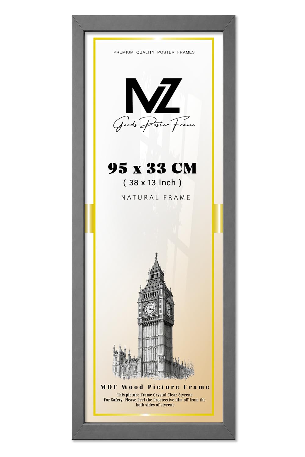 MZ GOODS | MDF Picture Frame (95 x 33 CM) 33 for Posters, Home & Office Interiors, Stylish Wood Finish, Includes Hanging Hooks for Wall Display [ Dark Grey ] — image 1