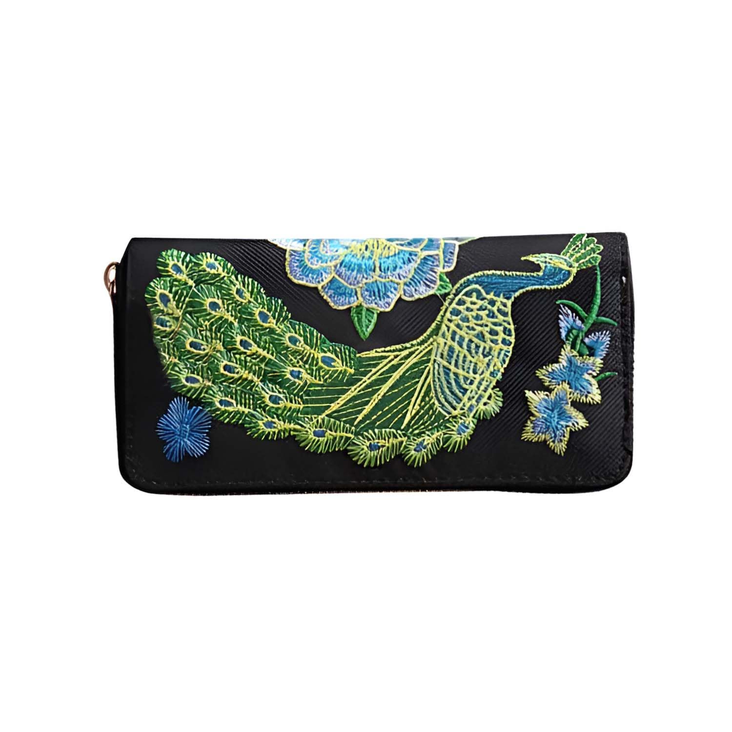 momisy Women's PU Leather Peacock Embroidery Clutch Purse, Handbag, Party Wedding Wallet with Zipper (Black)-picture-15