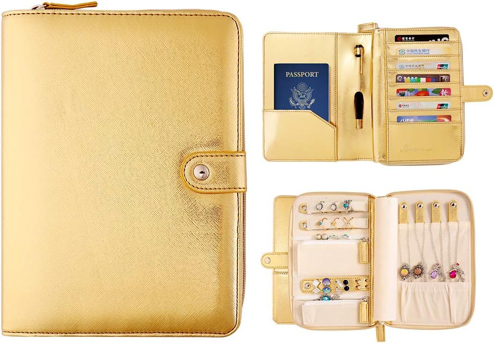 Limerence Travel Jewelry Organizer Passport Holder Bag, Vegan Leather Jewelry Travel Wallet Case for Women, Storage for Necklace, Bracelets, Earrings, Rings - Gold