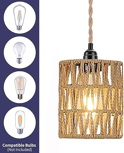 Miniatura 3 de Lámpara colgante bohemia enchufable, luz colgante con cable enchufable, lámpara de techo cilindro de ratán con interruptor de encendido y apagado,