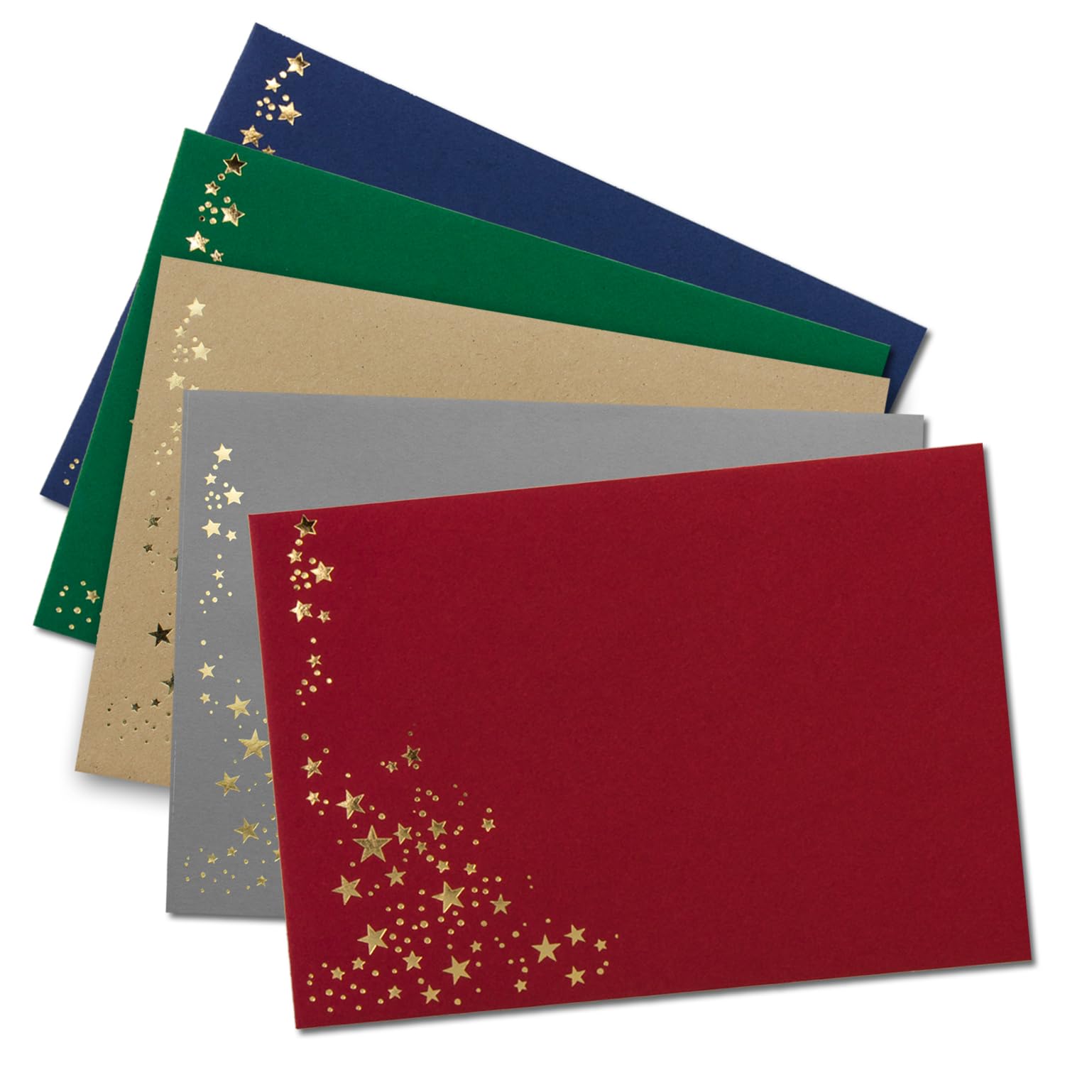 Lote de 100 sobres con estrellas metalizadas DIN C5 - Mix Set 1, sobres en rojo, gris, verde, azul y papel kraft - con estrellas en oro