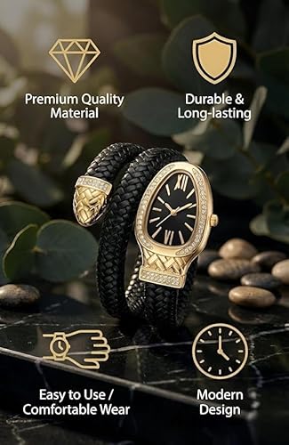 ساعة يد نسائية بسوار جلدي مضفّر بتصميم التفاف على شكل ثعبان، لمسة جميلة مع ألوان متعددة، إطار ذهبي مرصع بالكريستال، حركة كوارتز، بتصميم مميز (أسود)