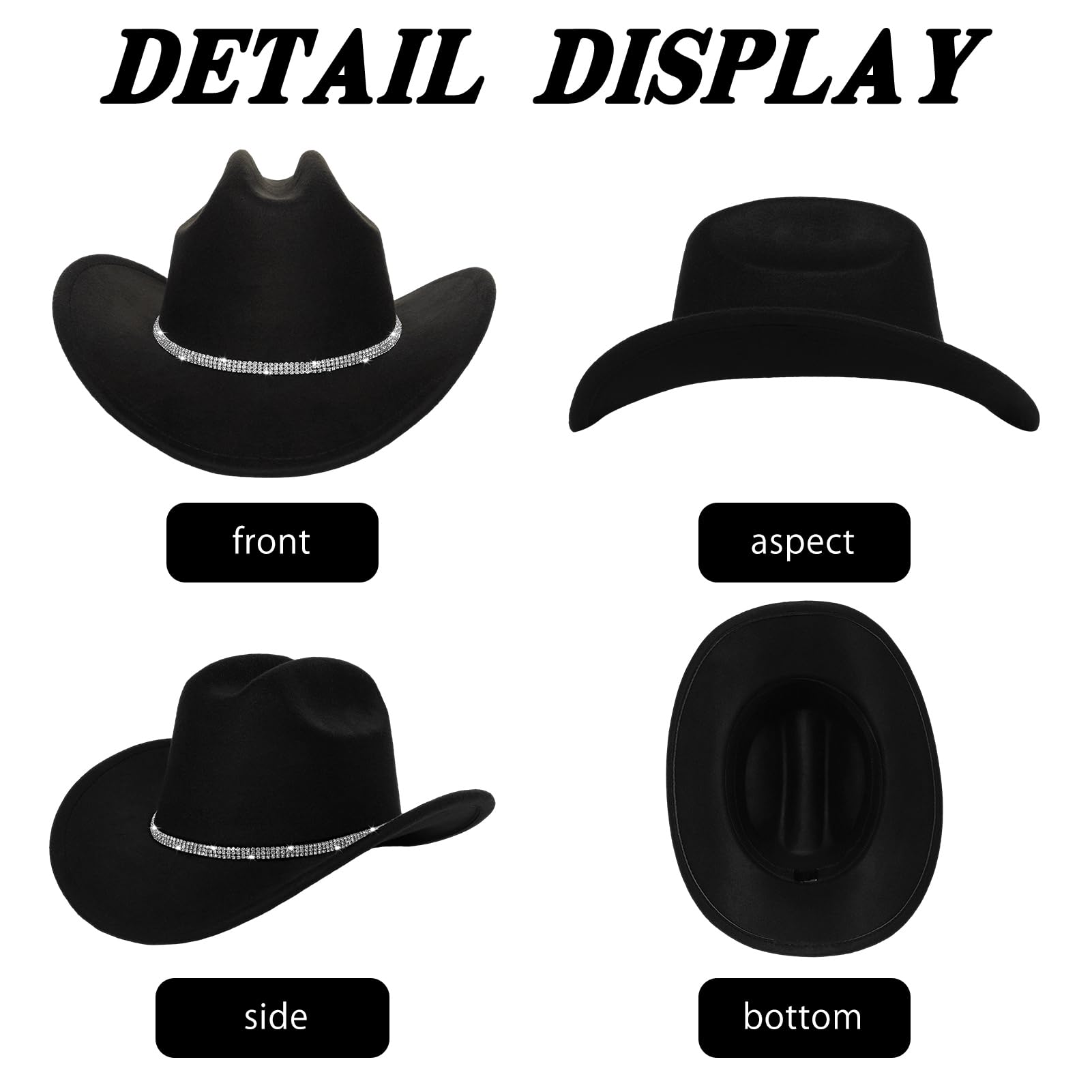 Crittygo Cowboy Hat for Women and Men Sparkly Rhinestone Cowgirl Hat and Boot Earrings - Image 4