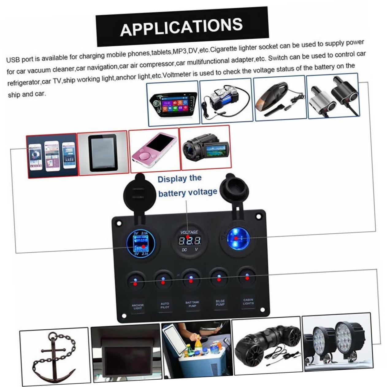 PartyKindom Pannello Pulsanti Voltmetro Digitale Doppia Porta USB per Camper Auto Nave Yacht
