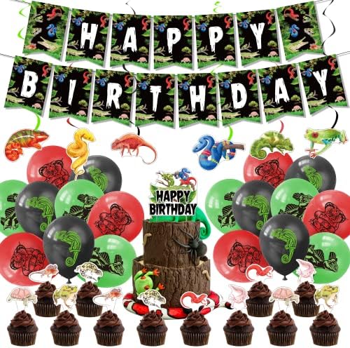 Reptile Birthday Party Decorations, Snake Lizard Birthday Party Supplies with HAPPY BIRTHDAY Banner Party Swirls Cake Topper Cupcake Toppers Latex Balloons for Kids