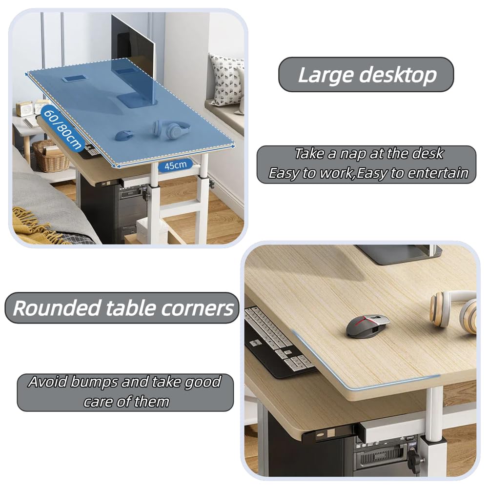 Tavolino per Laptop Regolabile in Altezza con Ruote, in Rovere Bianco, con Vassoio per Tastiera, Ideale per casa, Ufficio e Camera da Letto - 60x45 cm (24x18 Pollici)