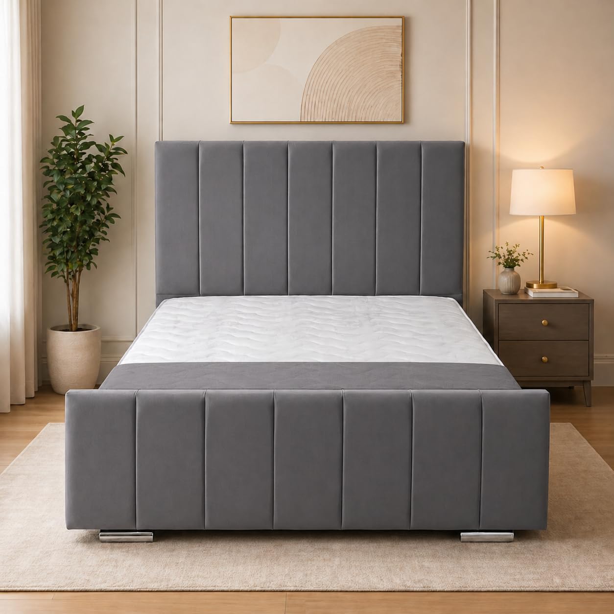 UK Bed Furniture - Kensington Upholstered Bed Frame, Luxury Plush Design with Modern Headboard & Footboard, Bedroom Bed Frames-Single, Double, King & Super King Sizes (Grey, Double)