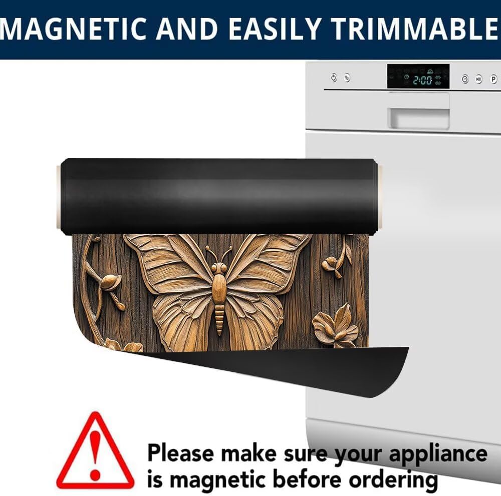Wooden Butterfly Magnetic Dishwasher Cover Skin Panel, 3D Wood Carving Magnet Fridge Cover Decal Decor, Country Flower Butterfly Vinyl Dishwasher Sticker (23" x 17" Magnetic)