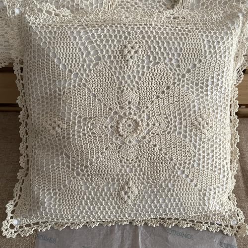 MINDPLUS Federa per cuscino in cotone lavorato a mano all'uncinetto, decorativa, realizzata a mano, 40 x 40 cm, motivo floreale, stile vintage rurale (beige)