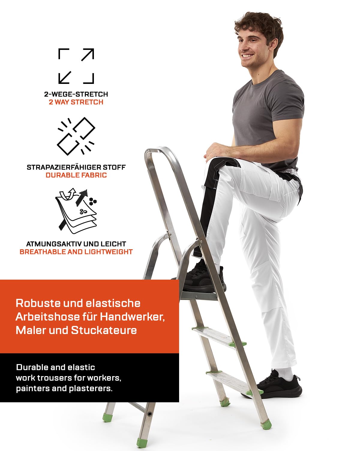 strongAnt® - Pantalon de Peintre élastique, Les plâtriers Pantalon de Travail Blanc Poches pour genouillères, Fermeture éclair YKK + Bouton YKK - Fait dans l'UE -Cotton 260 gm