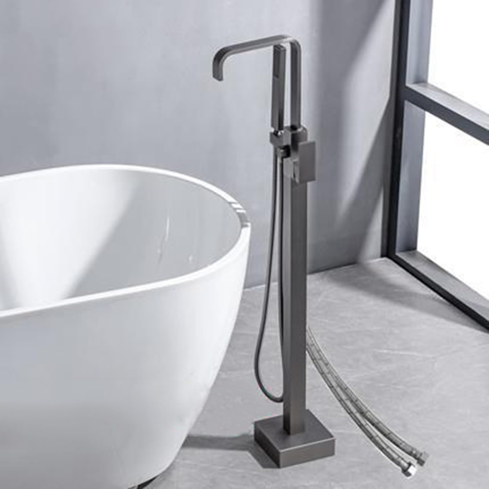 WOTZOV Freestanding Bath Shower Mixer Tap Waterfall Single Handle With G1/2 Hose Brass Bathtub Faucet With Shower, Grey