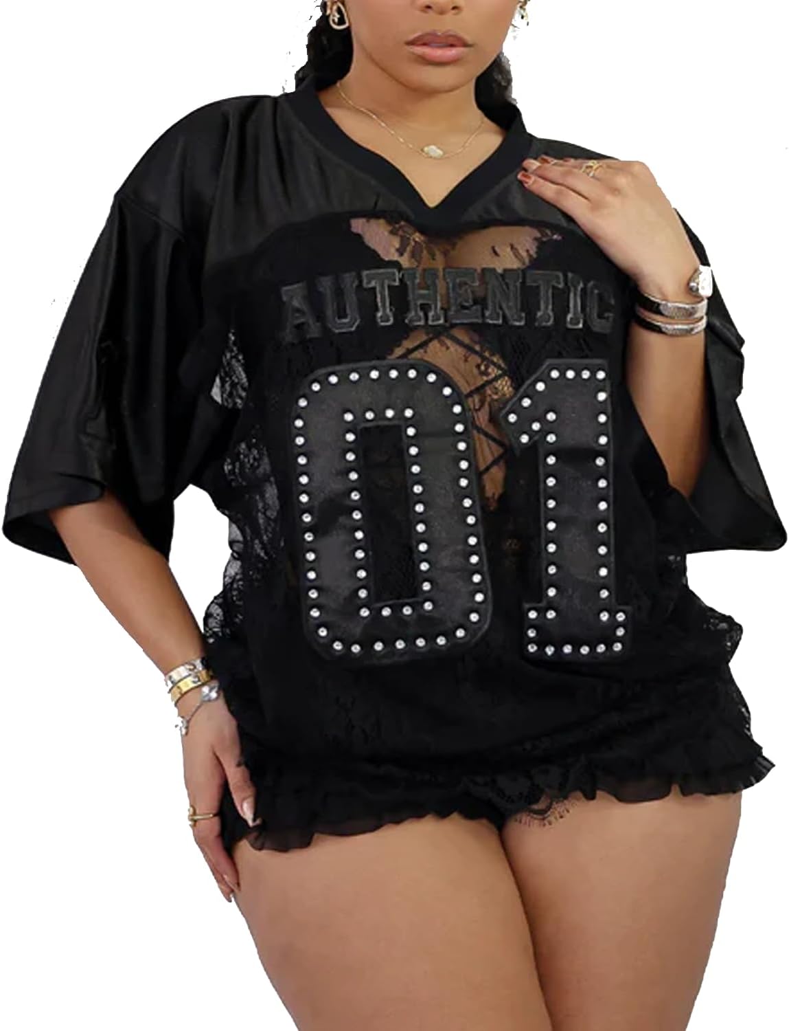 Women's Plus Size Letter Print Lace Sheer Jersey Shirt Half Sleeve V-Neck Oversized Lace Jersey Top