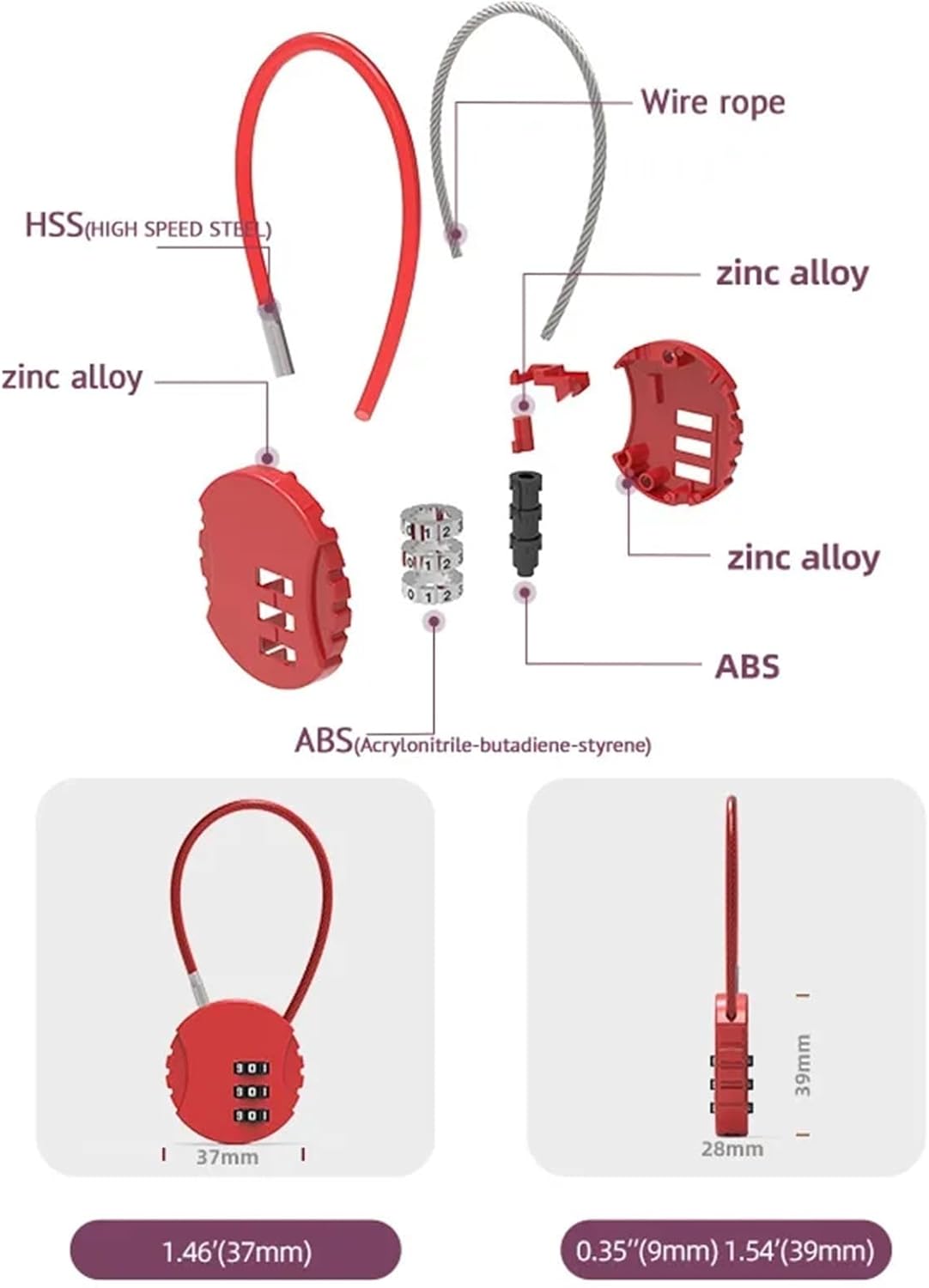 Round Wire Rope Password Lock Cookie Shape Padlock for Schoolbag Luggage Case Case Mini Code Lock 1Pcs(Red)