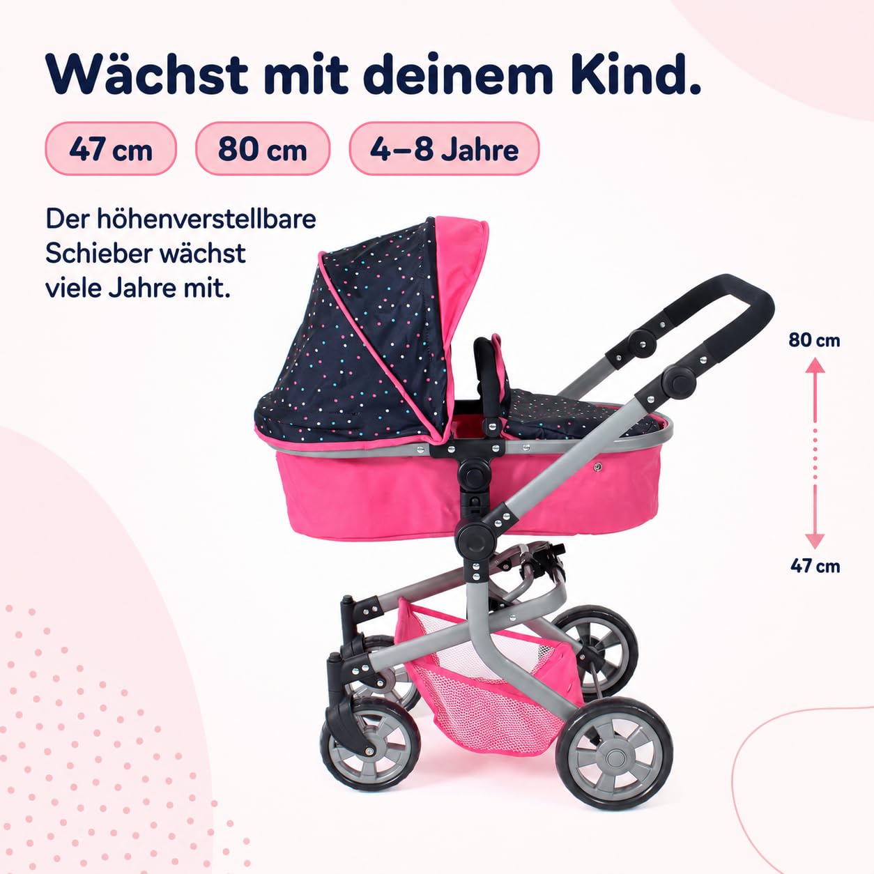 Bayer Chic 2000 - Wózek dla lalek Mika 2 w 1, wózek dla lalek kombi dla dzieci w wieku od 4 do 8 lat, wózek dziecięcy dla lalek do 52 cm, różowe konfetti