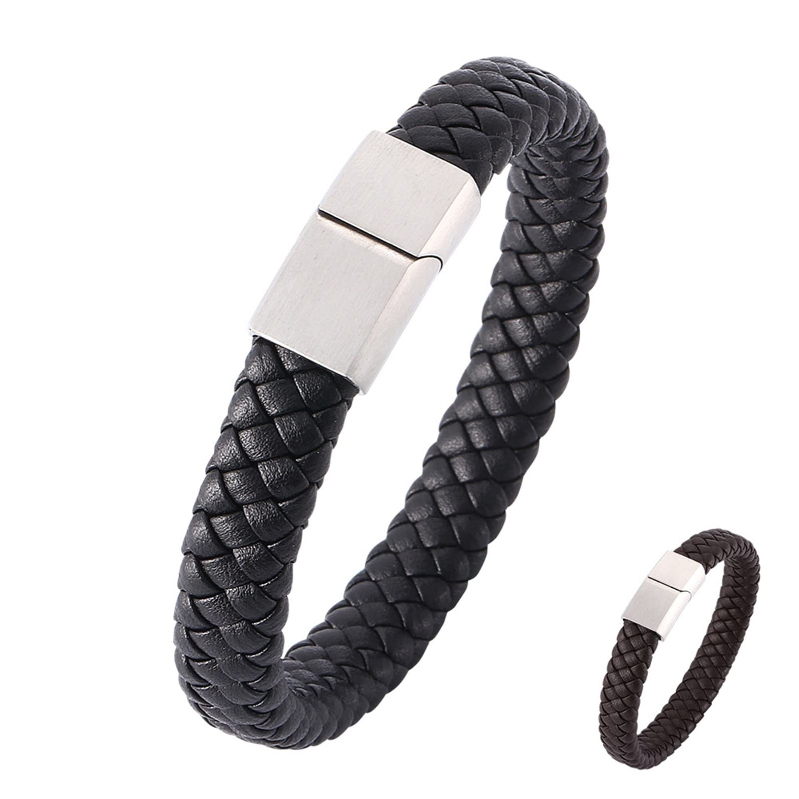Edelstahlarmband, Herrenschmuckarmband, geflochtenes Lederarmband mit silberner Schnalle, 16,5 cm Länge, Punk-Biker-Herrenarmband