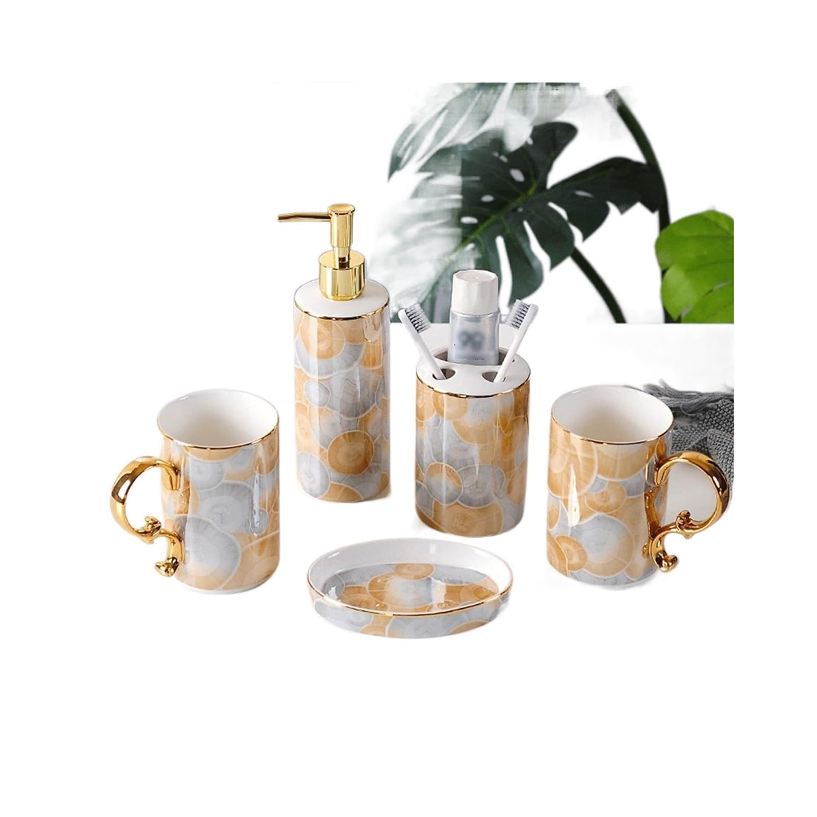 Dispensadores de jabón de encimera, Juego de Accesorios de baño de 5 Piezas, Bomba dispensadora de jabón, Soporte para Cepillo de Dientes, Vaso, jabonera, cerámica Pintada(