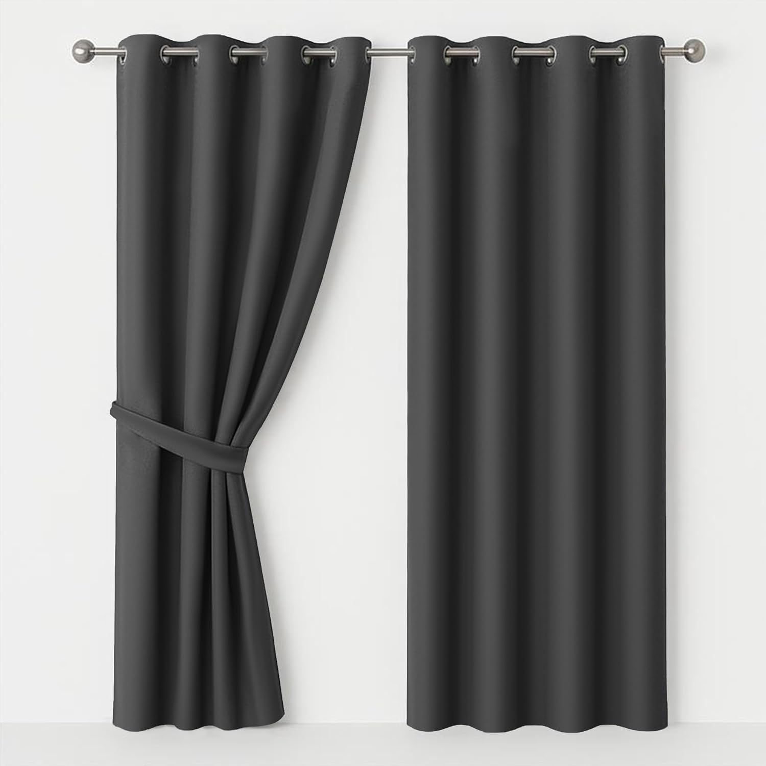 AMEHA Grey Blackout Eyelet Curtains for Living Room 66 X 84 Inch Super Soft Thermal Insulated Ring Top Curtains Darkening Window Treatment 2 Panels with 2 Tiebacks