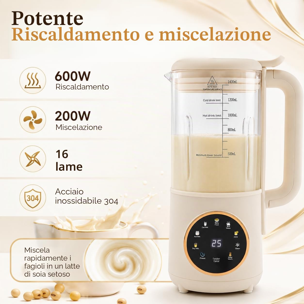 Macchina per latte di soia 1,4 l Macchina per il latte vegetale automatica con schermo tattile a LED e maniglia, base stabile, per acqua bollente, succo, latte d'avena, latte di noci, latte di soia