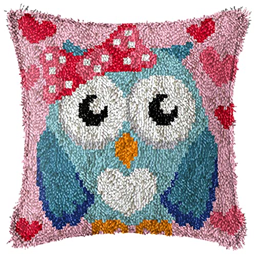 Image of Howie's Latch Hook Kit, DIY Owl Pillow Crochet Yarn Kits for Adults, Color Preprinted Pattern Embroidery Sofa Cushion Cover (Blue Owl, 16.93 x 16.93 inch)