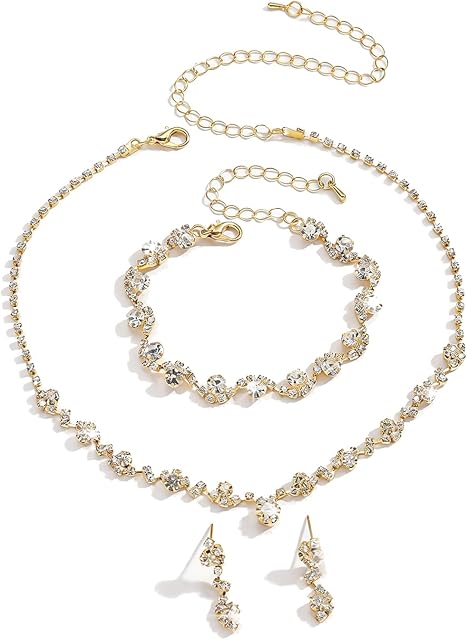 Ensembles de Mariage pour Femmes Bracelet en Strass Argent Collier et Boucles d'oreille Sets pour Femmes Bijoux de mariée Set pour Mariage Prom Jewelry Sets