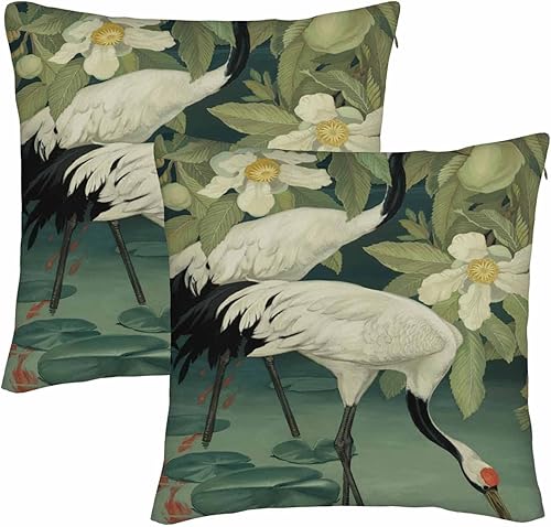 WONDERTIFY Juego de 2 fundas de almohada cuadradas con diseño de grullas de corona roja, elegantes garzas y loto, para cojines decorativos, cama,