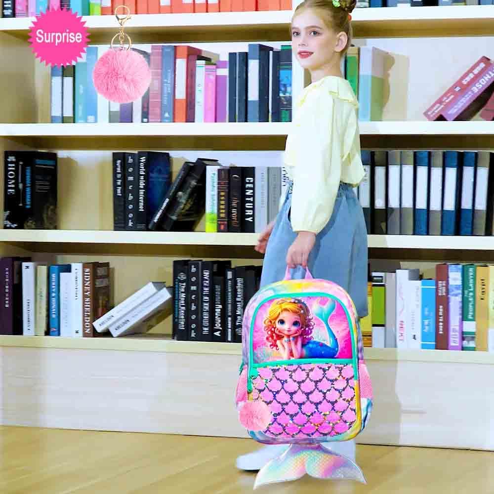 3Pcs Mermaid Backpack Set, 16" Girls Sequins Bookbag with Lunch Box, School Kids Backpacks for Elementary Preschool Kindergarten(Pink) - Image 7