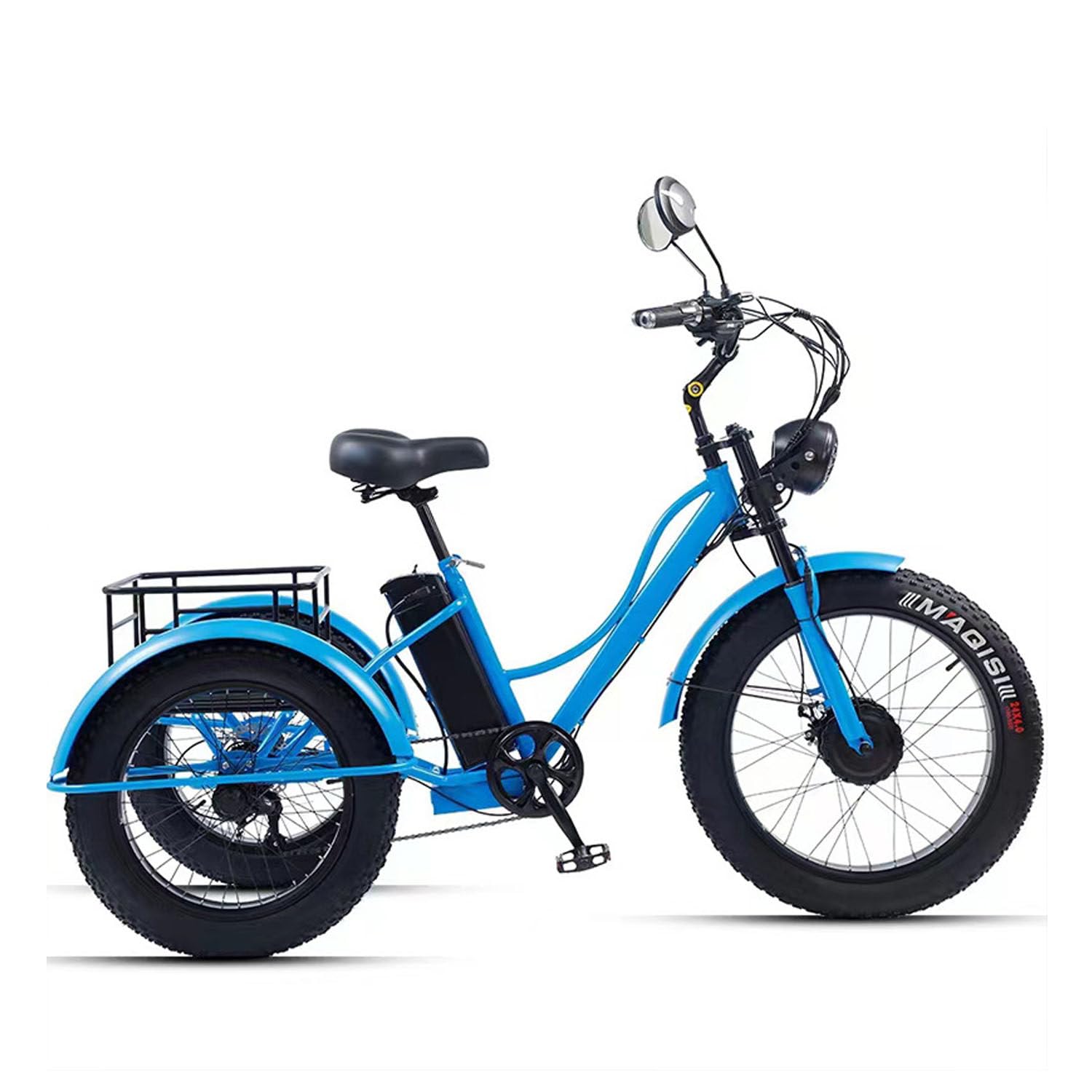 Elektryczny rower trójkołowy dla dorosłych, opony fatbike 24", do użytku w terenie, wspomagany elektrycznie, nośność 200 kg, kosz na bagaż, niebieski, do codziennego użytku i transportu zakupów